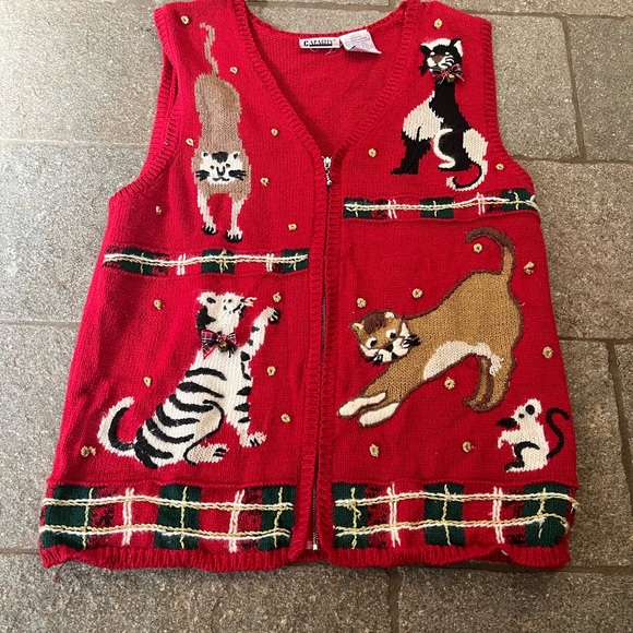 - Vintage 90’s Christmas Kitty Cat Ugly Sweater Vest - size M - Picture 2 of 13